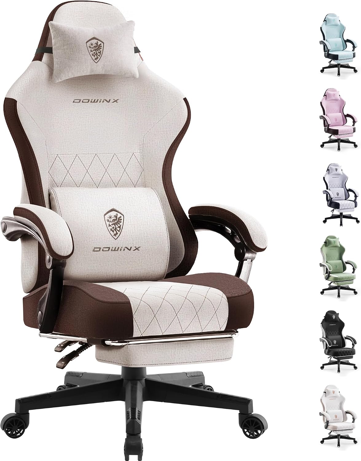 Sedia gaming Dowinx, Marrone, con cuscino, con poggiapiedi, tessuto, ergonomica, per ufficio
