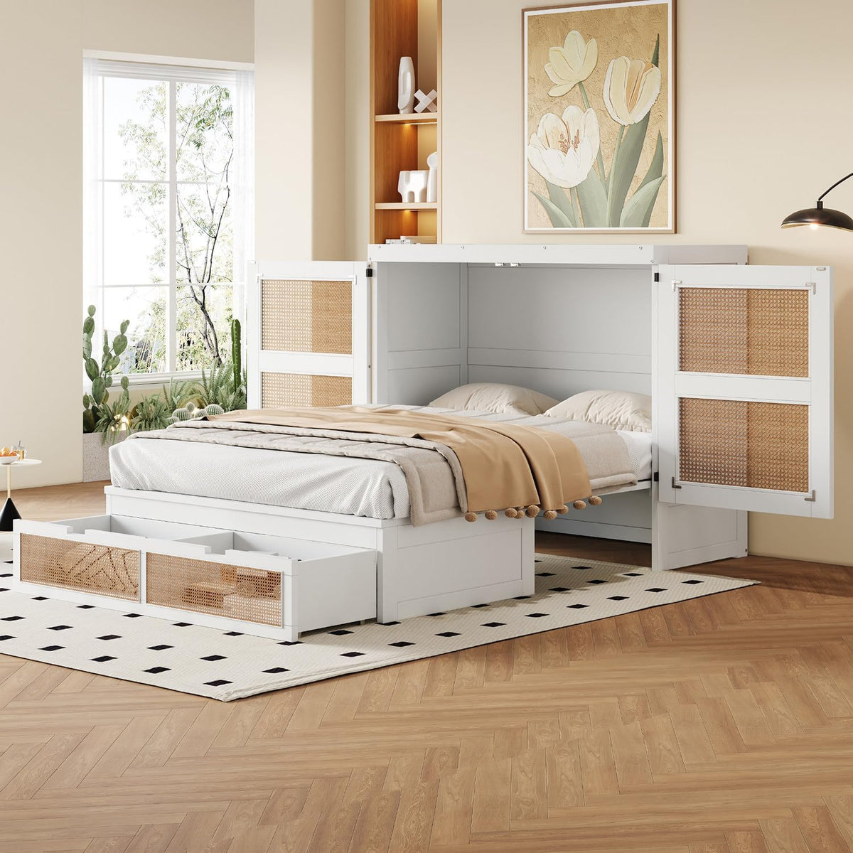 Struttura letto MLYYYDSS, 140 × 200 cm, Bianco, con rete a doghe, rattan, per camera da letto