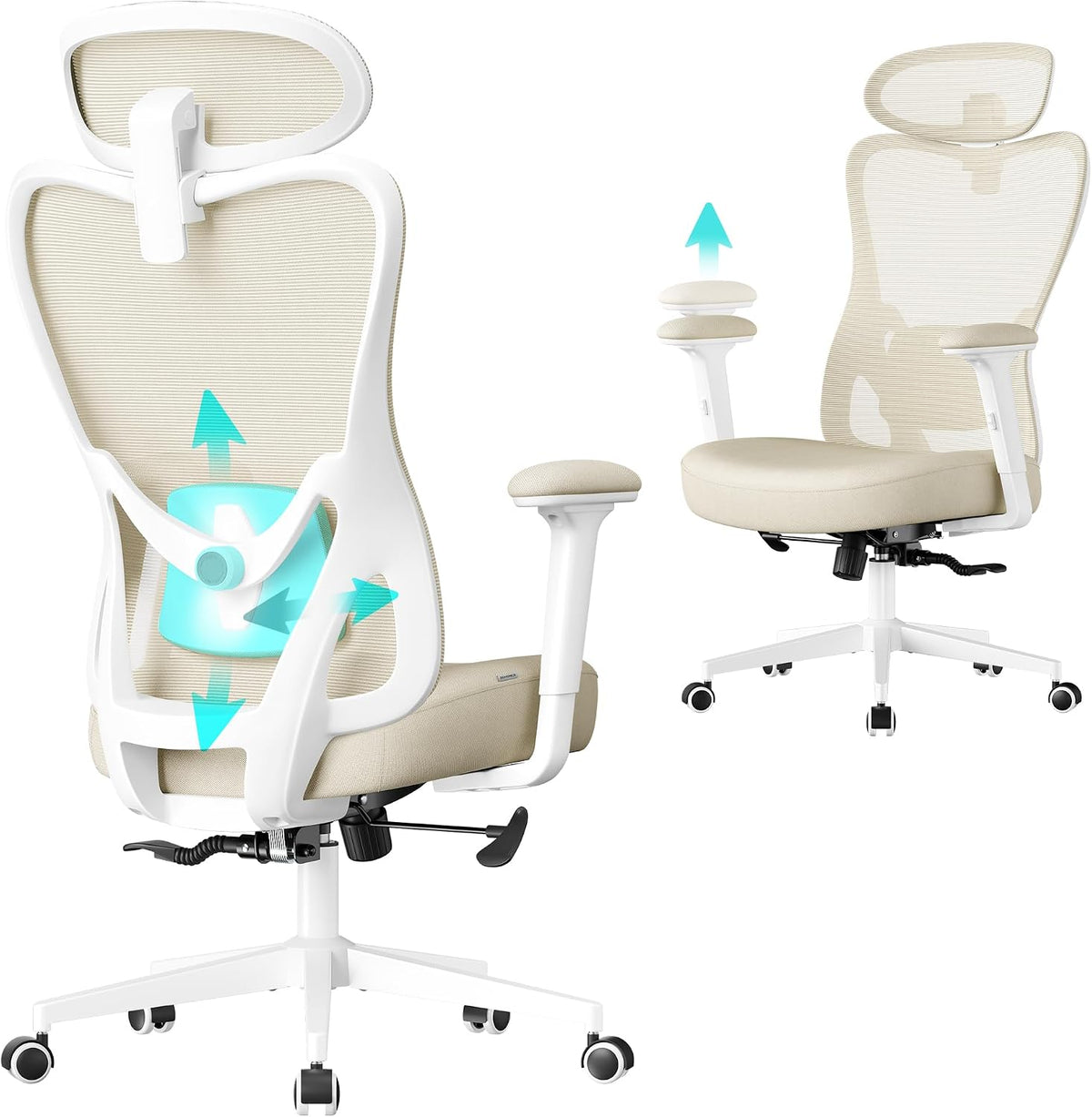 SONGMICS Sedia da ufficio, OBN066LF01, Beige, tessuto, regolabile, con poggiatesta, ergonomica, per ufficio