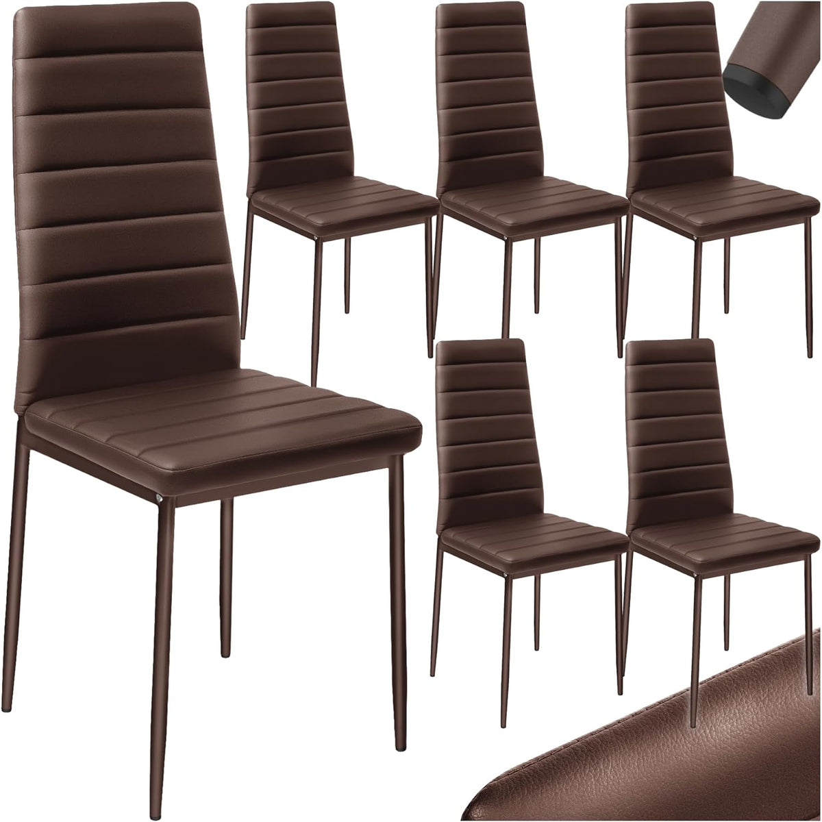 tectake Set di sedie da pranzo, 6 sedie, Marrone, acciaio, similpelle, per sala da pranzo e cucina