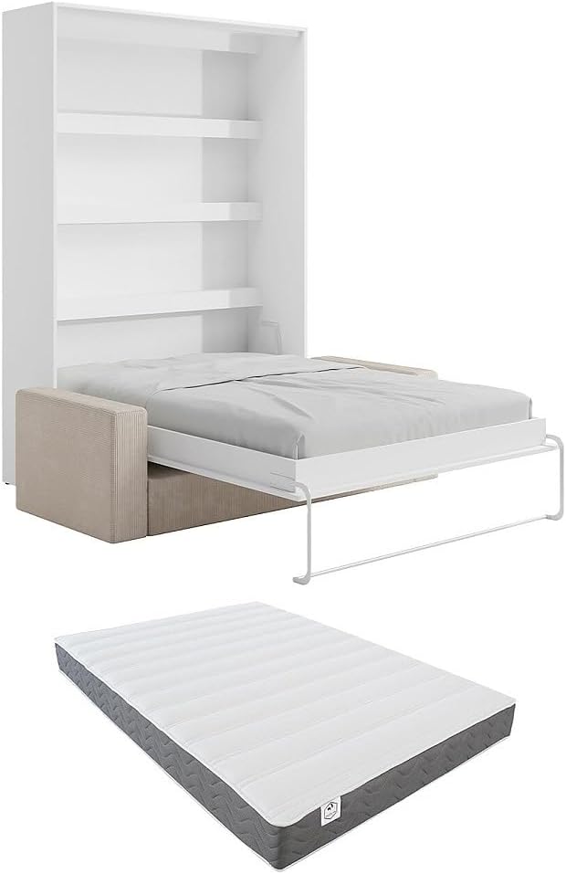 Letto a parete Vente-unique, Naturale/Beige, 160 × 200 cm, tessuto, apertura verticale, materasso incluso, per camera da letto