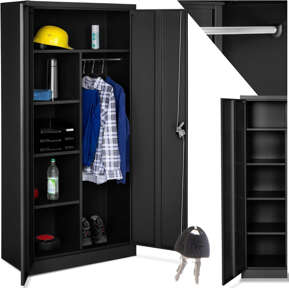 tectake Armadio, 6 scomparti, Nero, 80 cm, acciaio