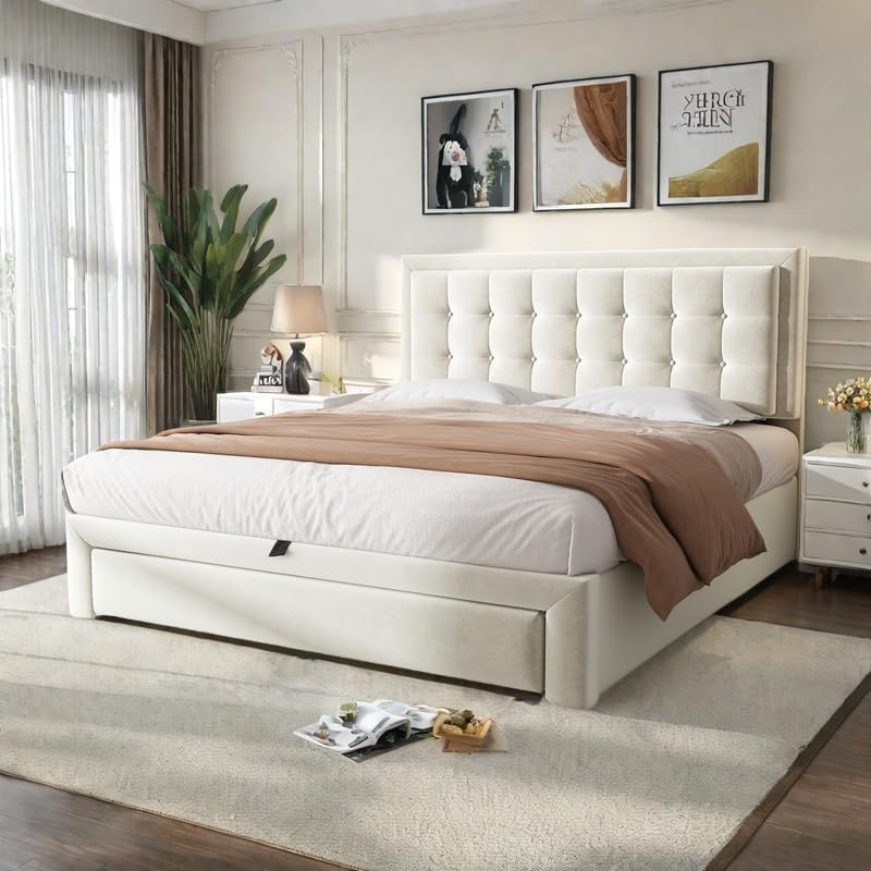 Lubvtti Letto, 2 cassetti, 140 × 190 cm, Beige, velluto, con contenitore, con rete a doghe, imbottito, materasso non incluso, per camera da letto