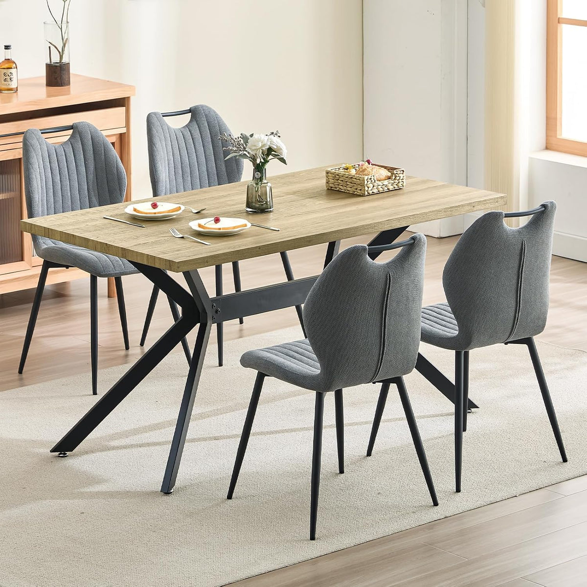 LEWE Set da pranzo, 4 sedie, 140 × 80 × 76 cm, legno, per sala da pranzo e cucina