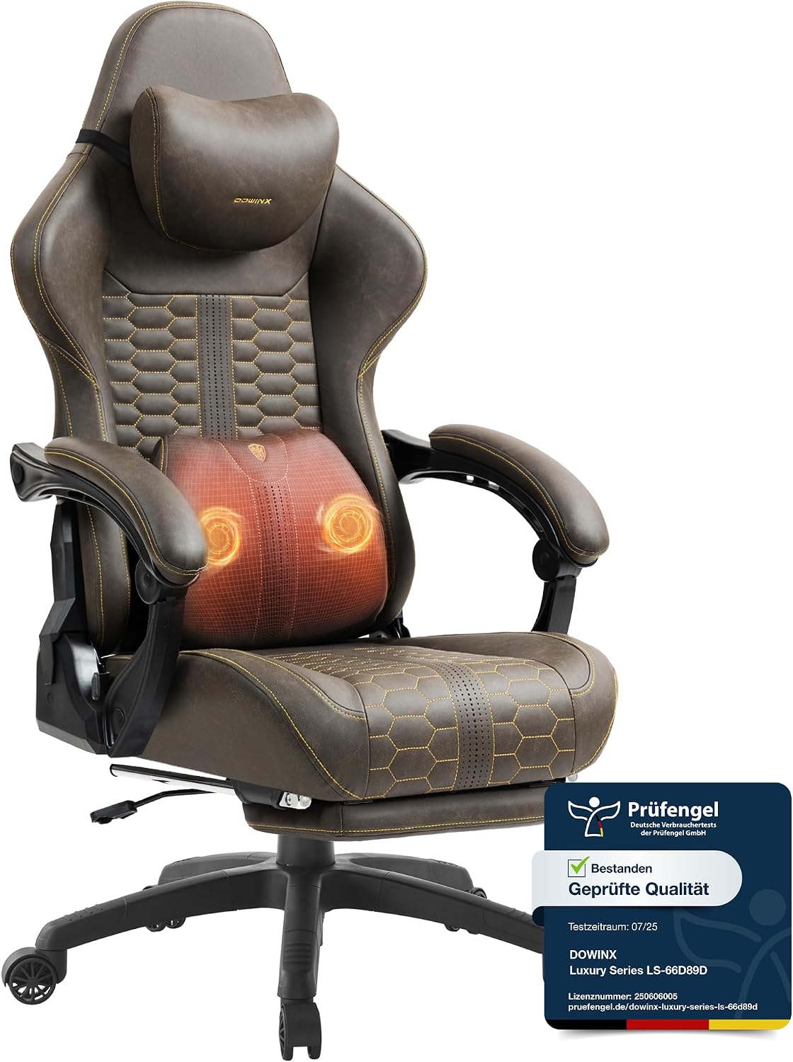 Sedia gaming Dowinx, con poggiapiedi, Marrone, pelle, massaggiante, ergonomica, per ufficio
