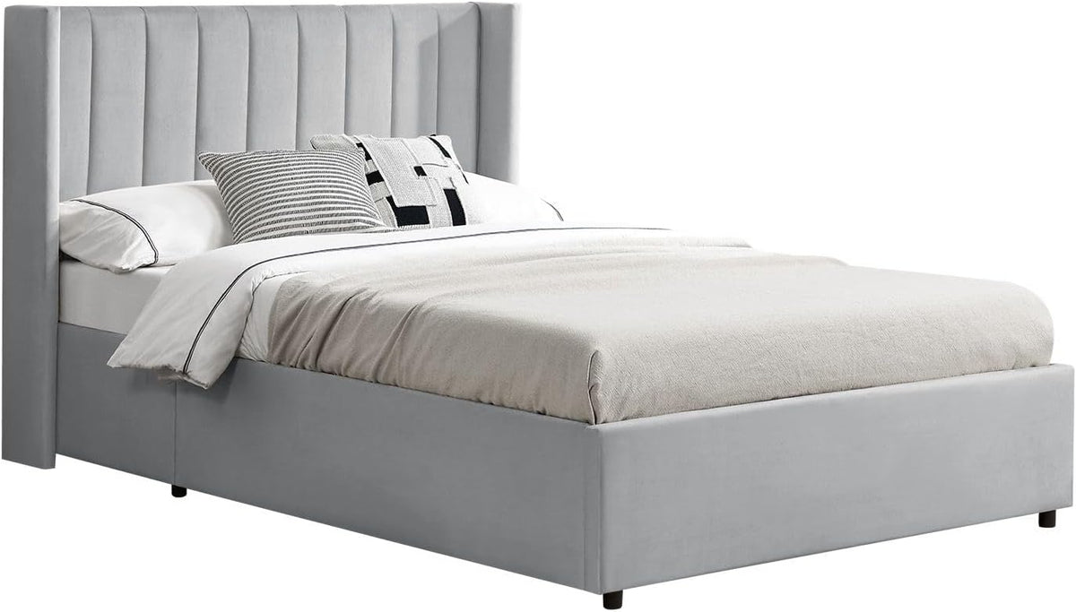 Letto Juskys, con contenitore, con rete a doghe, imbottito, 120 × 200 cm, Grigio chiaro, legno, velluto, per camera da letto