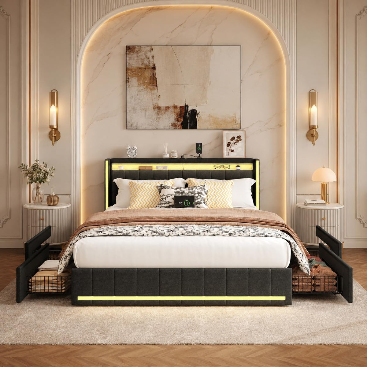 KeepGoon Letto, 4 cassetti, matrimoniale, 160 × 200 cm, Grigio scuro, lino, tessuto, con porta USB, imbottito, per camera da letto