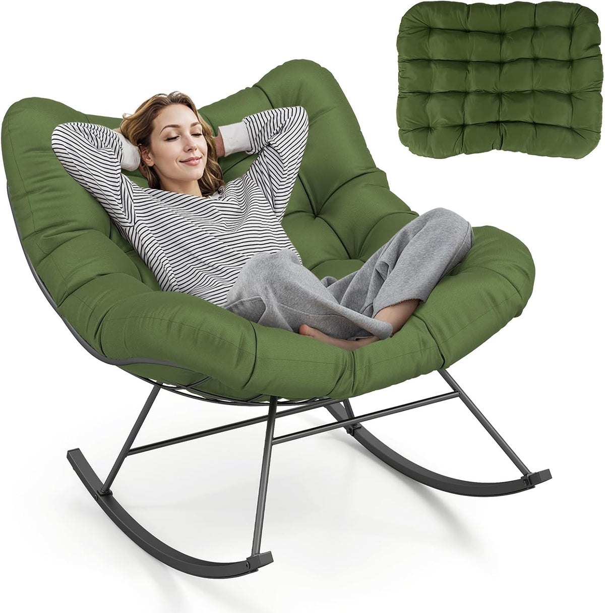 RELAX4LIFE Poltrona a dondolo, 110 × 95 × 94 cm, Grigio, metallo, con cuscino, per giardino e terrazzo