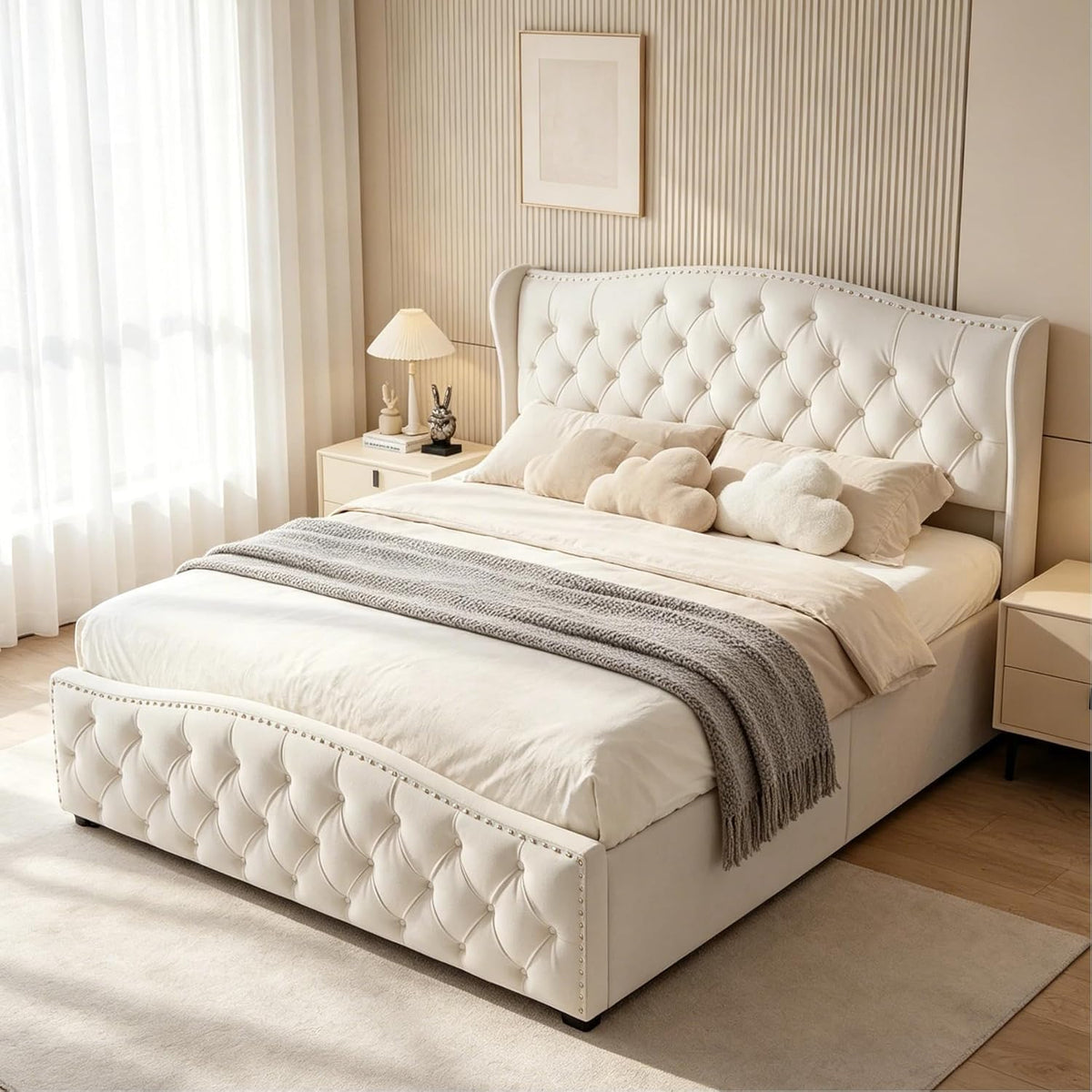 BRILVERDE Letto, matrimoniale, 160 × 200 cm, Bianco/Crema, velluto, con contenitore, con rete a doghe, imbottito, con testiera, per camera da letto