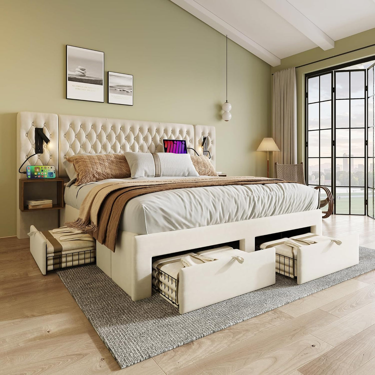 Set di mobili per camera da letto Huayz, con porta USB, imbottito, 160 × 200 cm, 4 cassetti, matrimoniale, Beige/Grigio, velluto