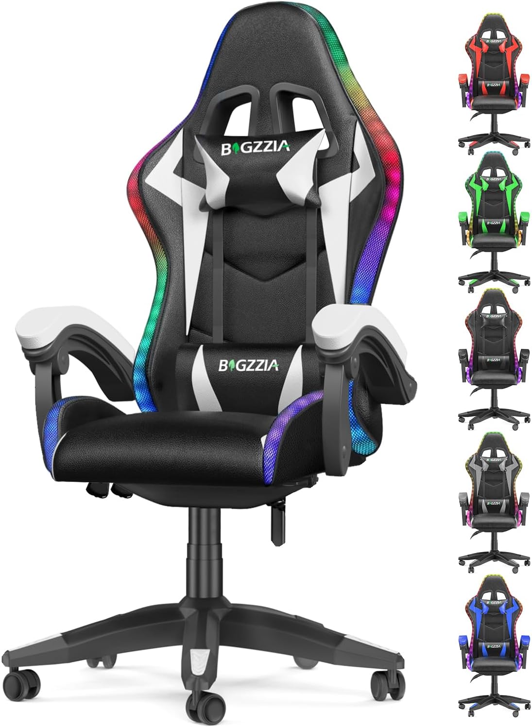 Sedia gaming bigzzia, Bianco, reclinabile, con poggiatesta, con illuminazione LED, pelle, ergonomica, per ufficio