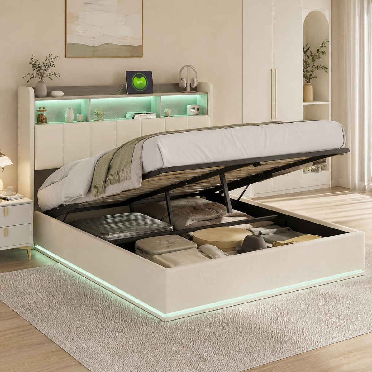 BLSYHDH Struttura letto, matrimoniale, 140 × 200 cm, Bianco, legno, con contenitore, con rete a doghe, imbottito, con testiera, per camera da letto