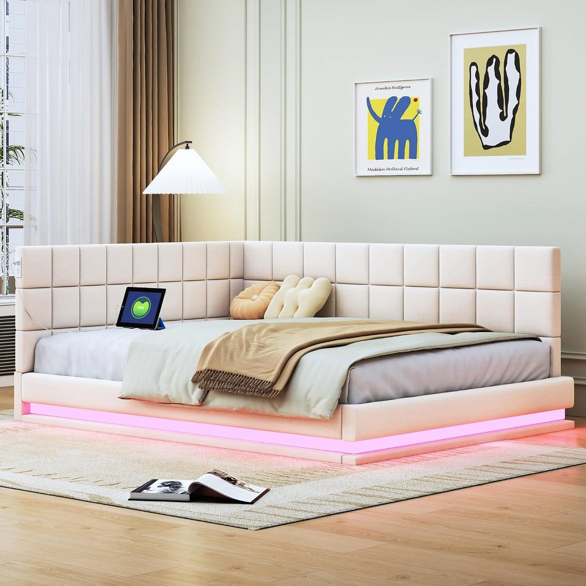 Divano letto Generisch, 140 × 200 cm, Beige, con rete a doghe, imbottito, velluto, materasso non incluso, per soggiorno