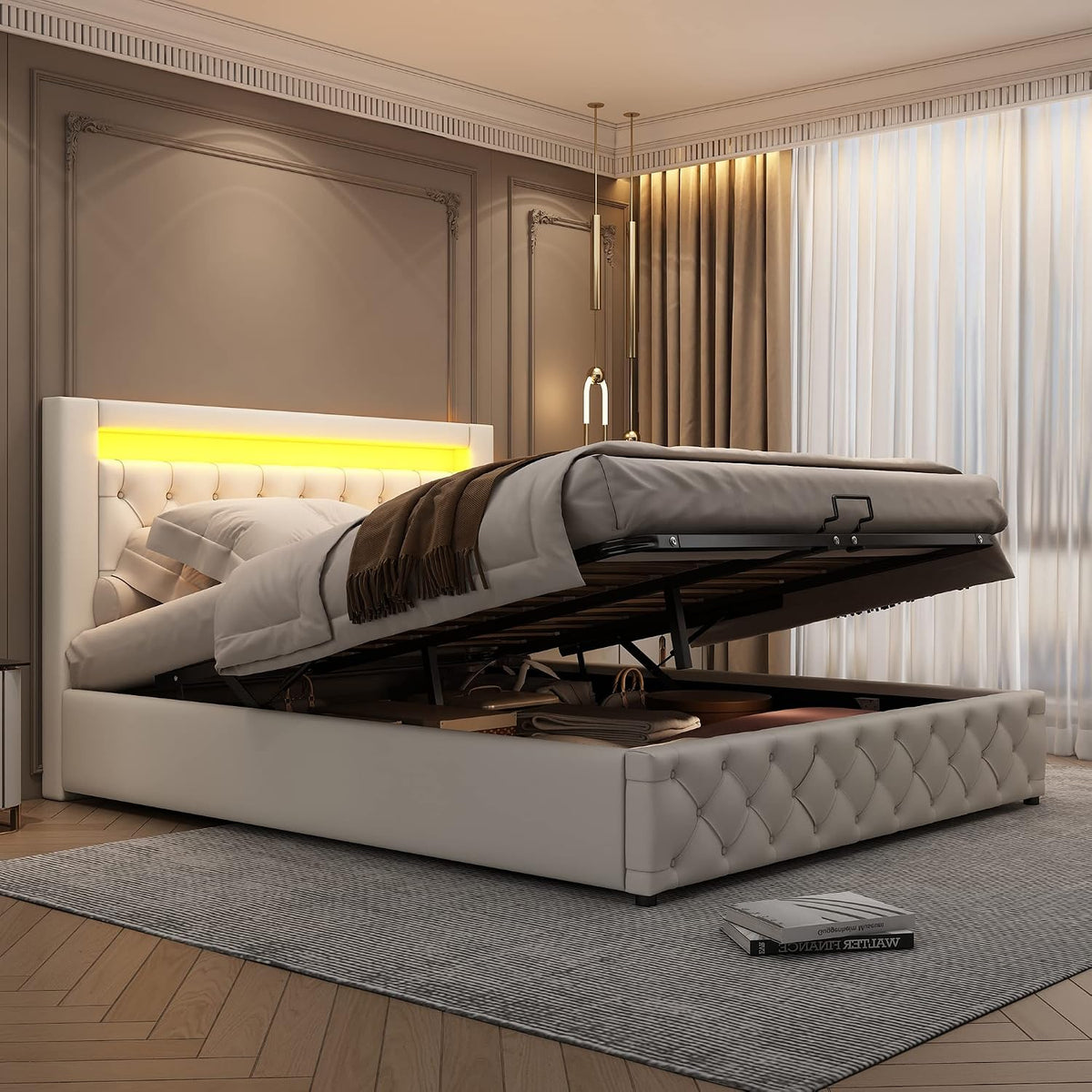 Rtopsu Letto, matrimoniale, 160 × 200 cm, Bianco, legno, con contenitore, con rete a doghe, imbottito, materasso non incluso, per camera da letto