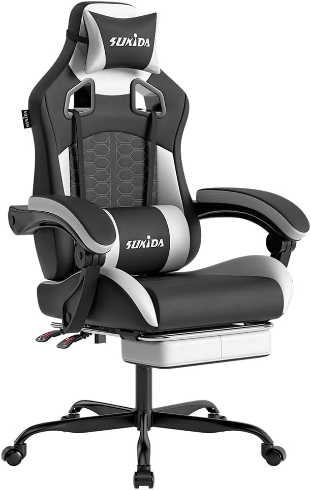 SUKIDA Sedia gaming, pelle, con poggiatesta, ergonomica, per ufficio