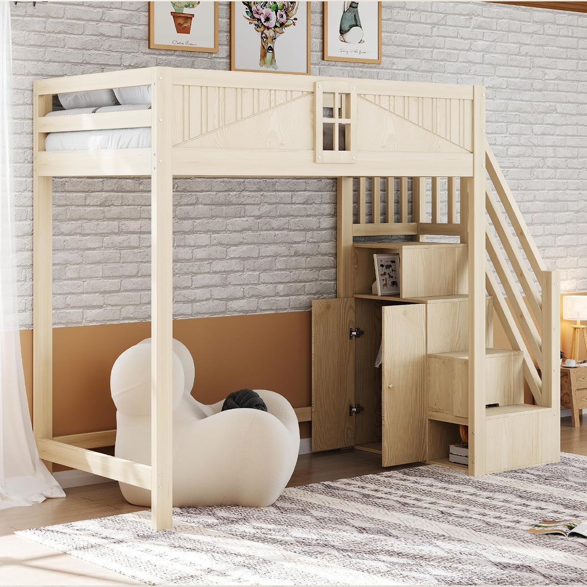 Letto a soppalco NNJN, 90 × 200 cm, Bianco/Grigio, legno massello, per camera da letto