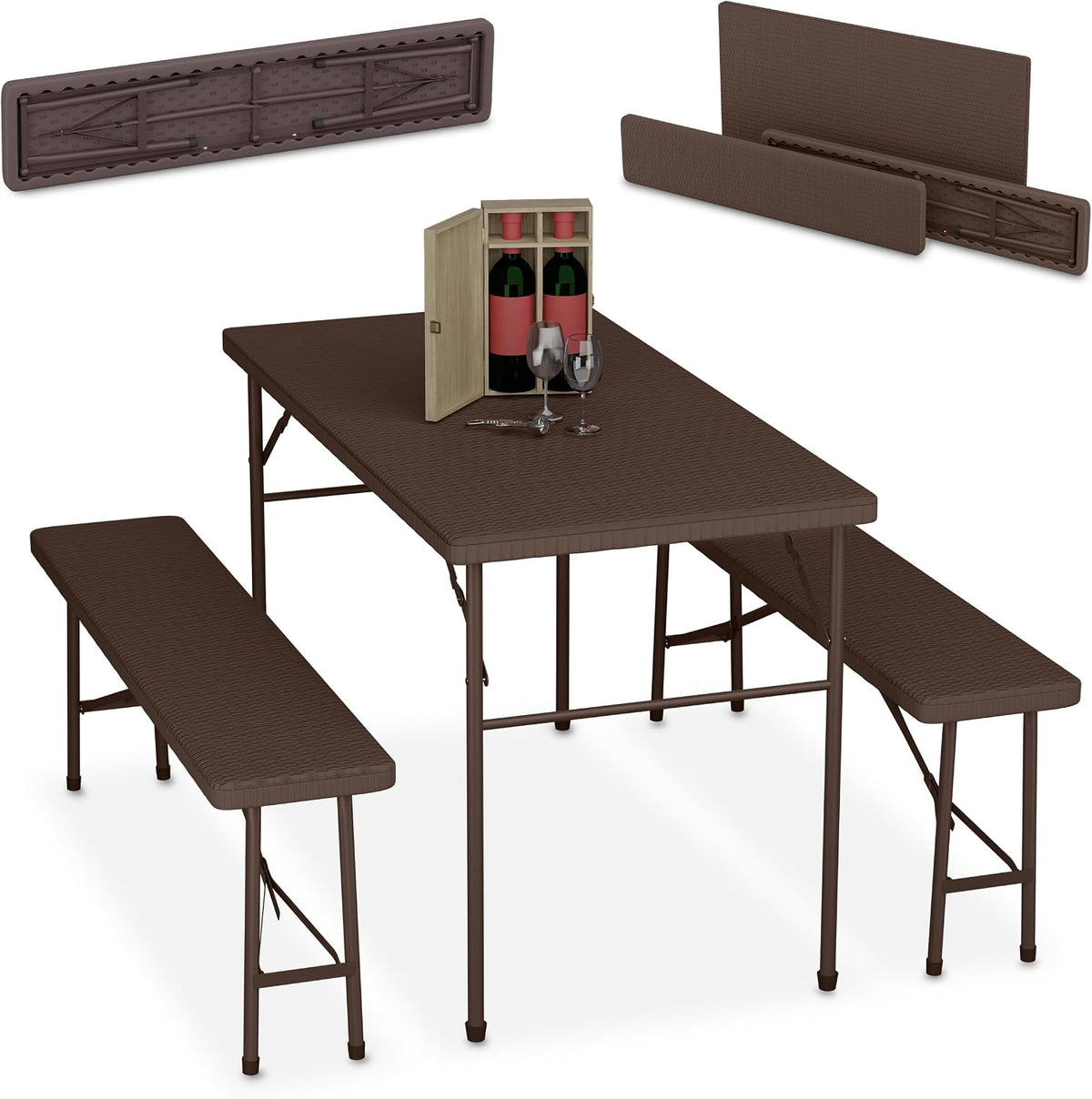 Relaxdays Set birreria pieghevole 3 pezzi, tavolo 120 × 61 cm e 2 panche 102 × 25 cm, PE e acciaio, effetto rattan