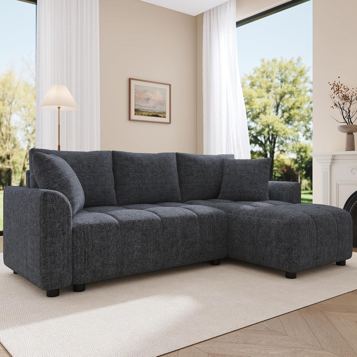 Divano DACHETOU, trasformabile, 82,5 × 127 × 204 cm, 3 posti, Grigio, ciniglia, con cuscini, per soggiorno