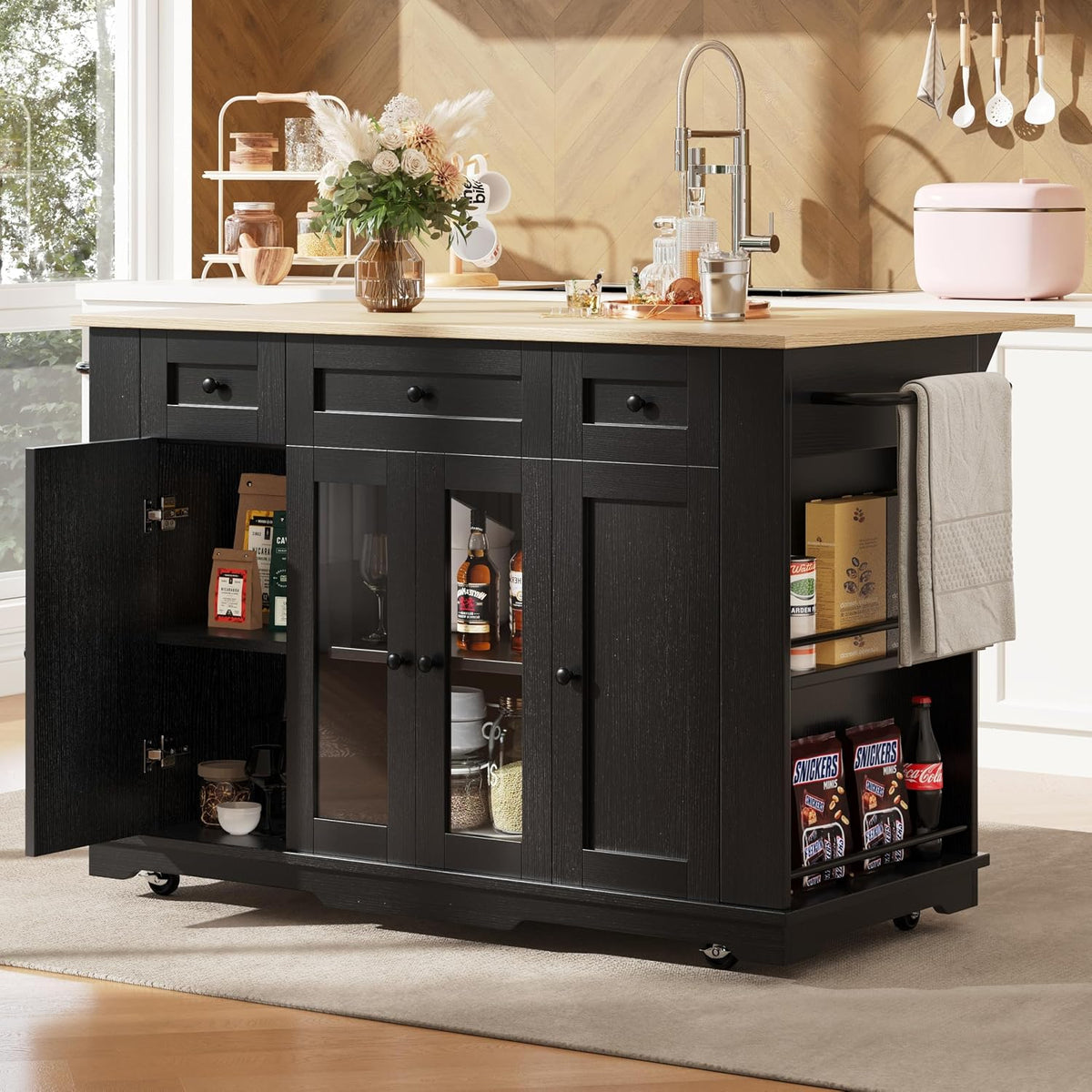 Armadio KUAKE, Nero, 85 × 91,7 cm, legno, pieghevole, con ruote, per sala da pranzo e cucina