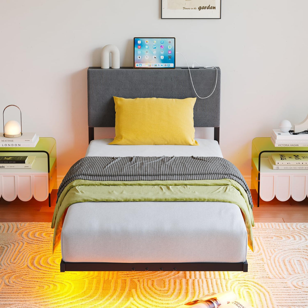 HOMERECOMMEND Struttura letto, singolo, 90 × 200 cm, Grigio, acciaio, con contenitore, con porta USB, imbottito, per camera da letto
