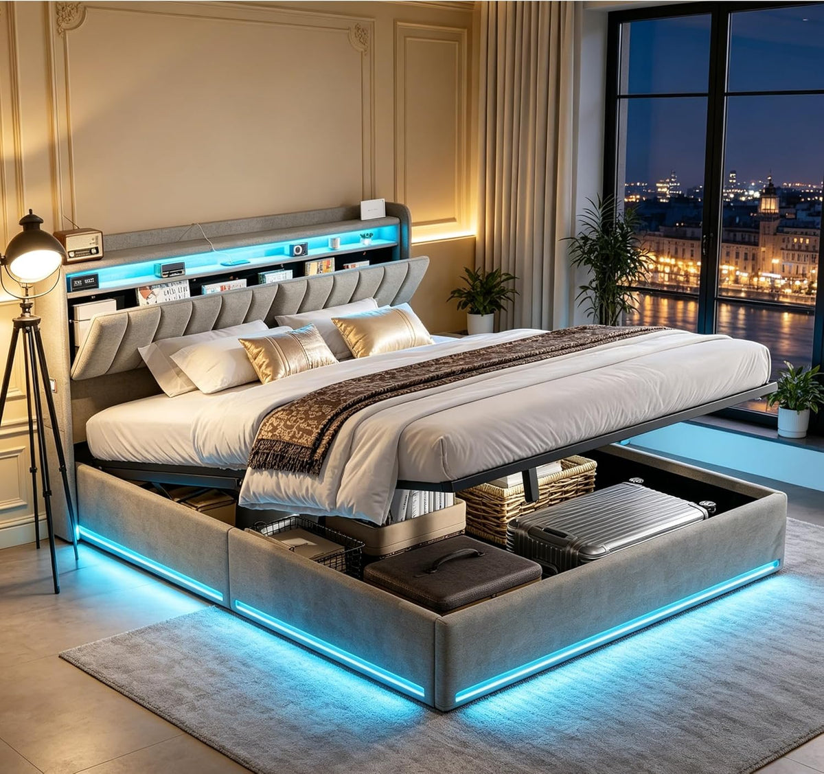 Struttura letto RTYUSWL, matrimoniale, Grigio, 140 × 190 cm, velluto, con contenitore, con rete a doghe, imbottito, per camera da letto