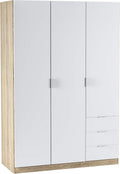 Dmora Armadio guardaroba, 3 ante, 3 cassetti, 121 × 180 × 52 cm, Bianco/Rovere, legno, per camera da letto