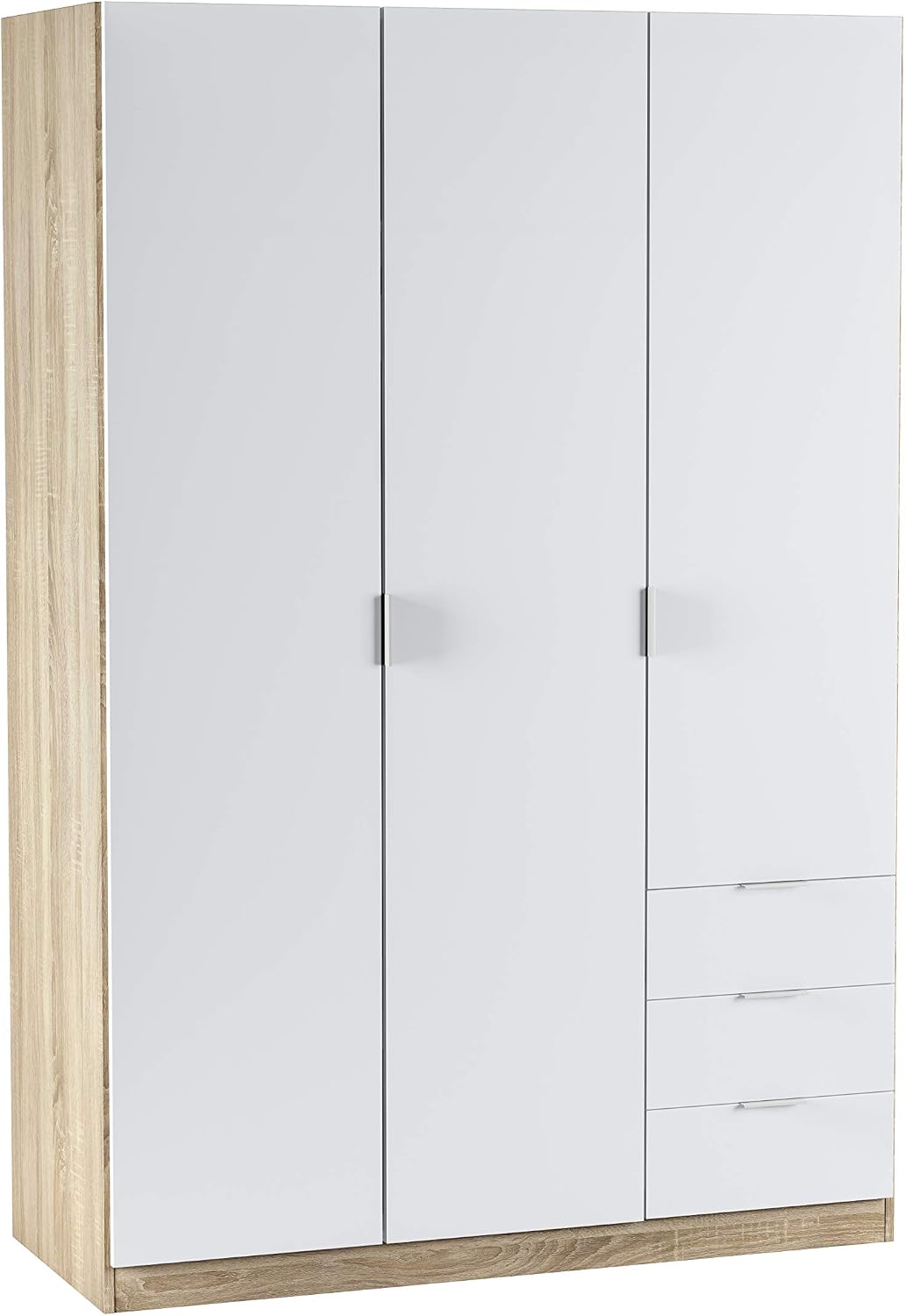 Dmora Armadio guardaroba, 3 ante, 3 cassetti, 121 × 180 × 52 cm, Bianco/Rovere, legno, per camera da letto