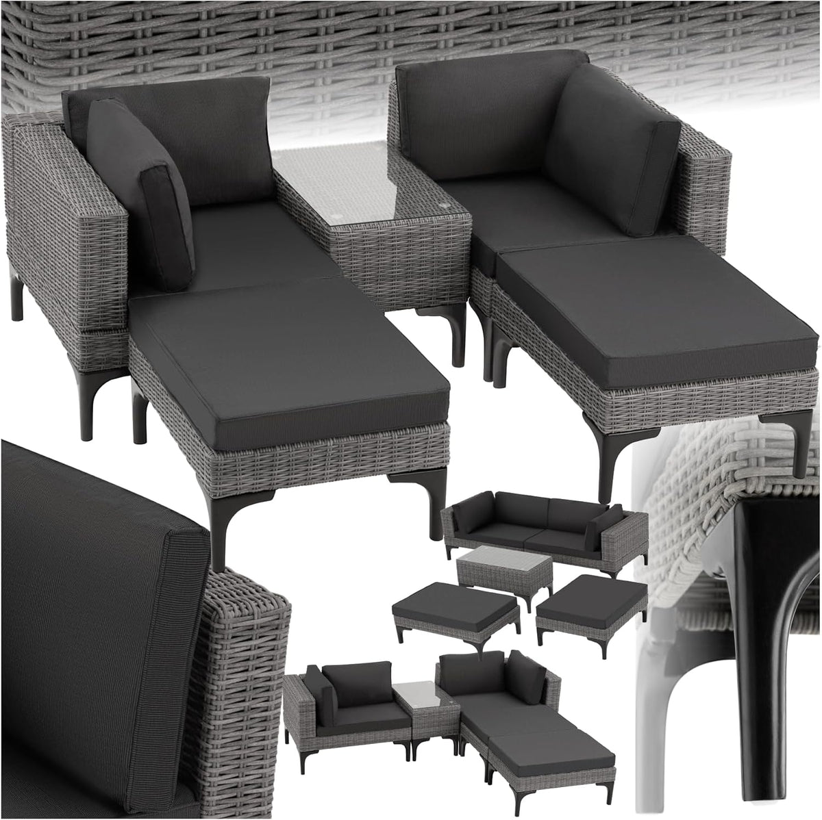 tectake Set di mobili da giardino, Grigio, alluminio, rattan, idrorepellente, con tavolino, per giardino e terrazzo