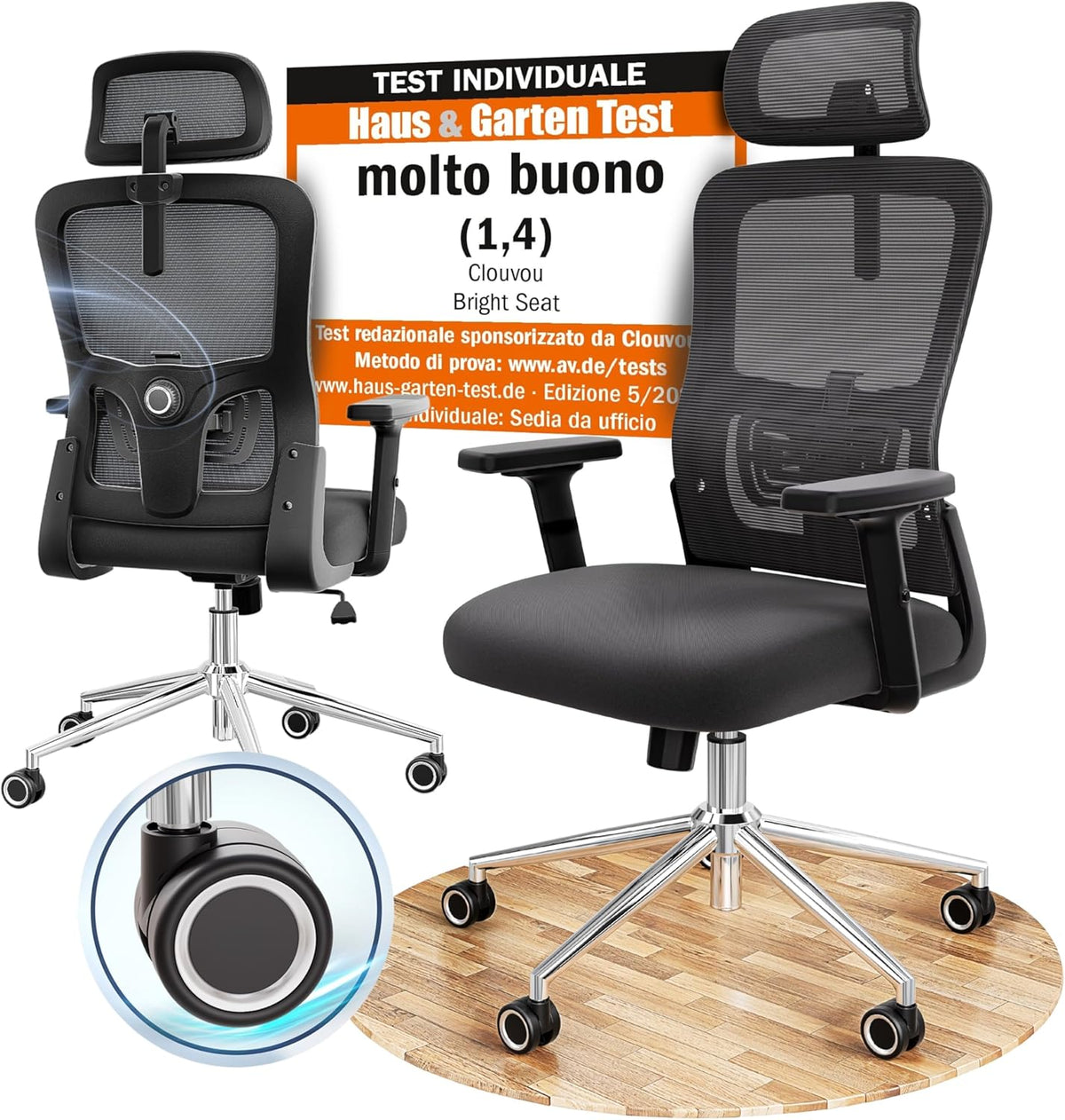 Sedia da ufficio CLOUVOU, tessuto, ergonomica, con ruote, per ufficio