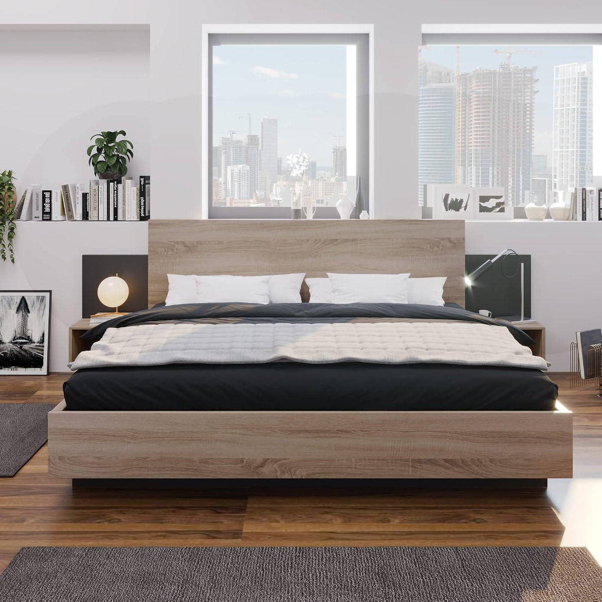 Letto MSMOK, 160 × 200 cm, 205,5 × 235 × 76,5 cm, Rovere, matrimoniale, legno, per camera da letto