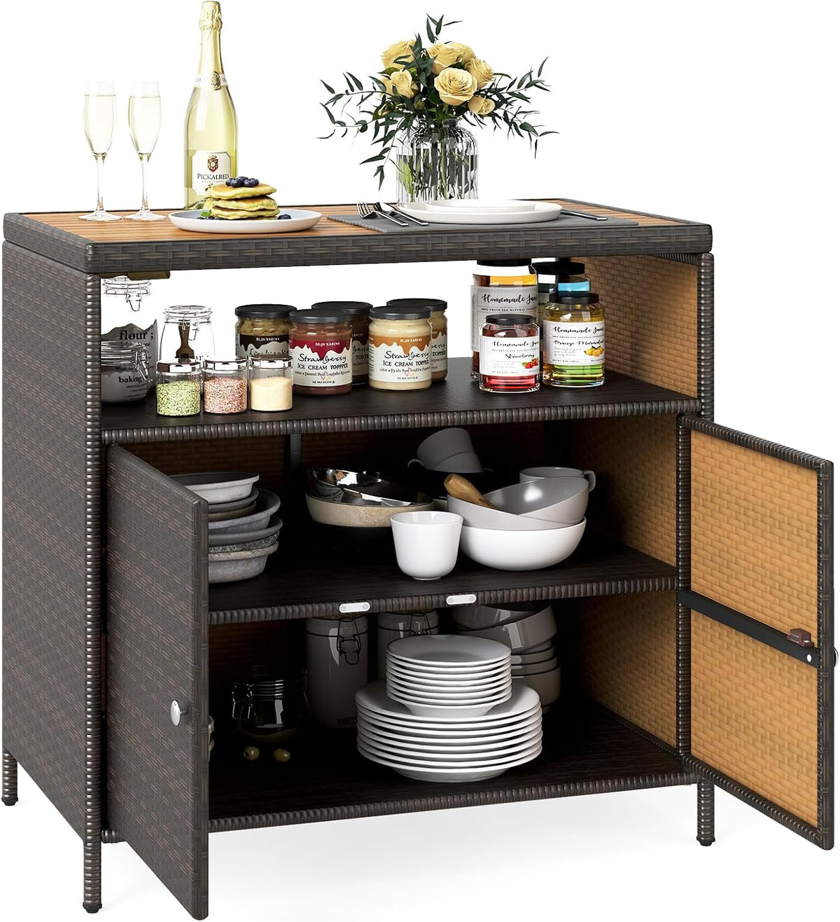 LIFEZEAL Credenza, 2 ante, 90 × 53 × 86 cm, Marrone, legno, rattan, per giardino e terrazzo