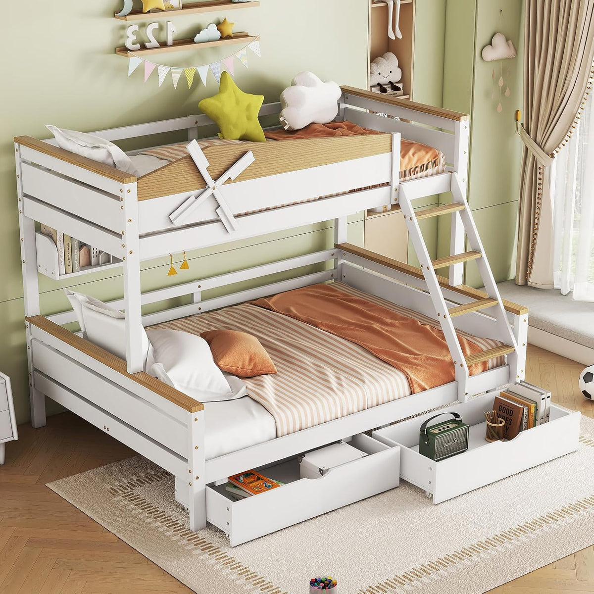 Letto a soppalco Rtopsu, 90 × 200 cm, 140 × 200 cm, Bianco, con contenitore, con rete a doghe, materasso non incluso, per camera da letto