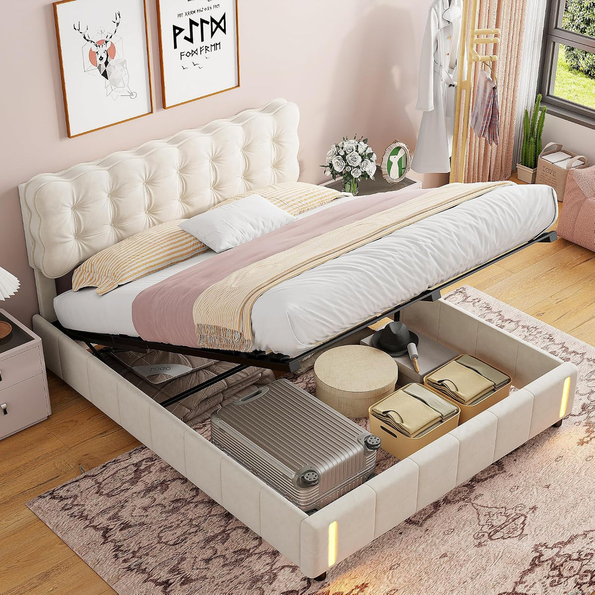 BestAlice Letto, trapuntato, matrimoniale, 160 × 200 cm, velluto, tessuto, con contenitore, con rete a doghe, con illuminazione LED