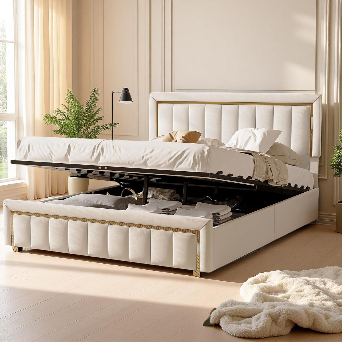 JYNVO Letto, matrimoniale, 160 × 200 cm, Beige, legno, con contenitore, con rete a doghe, materasso non incluso, per camera da letto