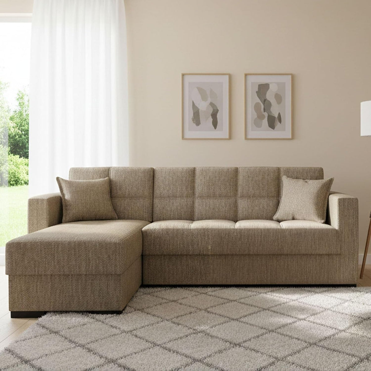 Divano letto Dmora, Beige, tessuto, con cuscini, per soggiorno