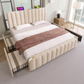 Letto MSMOK, con porta USB, imbottito, 180 × 200 cm, 4 cassetti, Beige, lino, materasso non incluso, per camera da letto