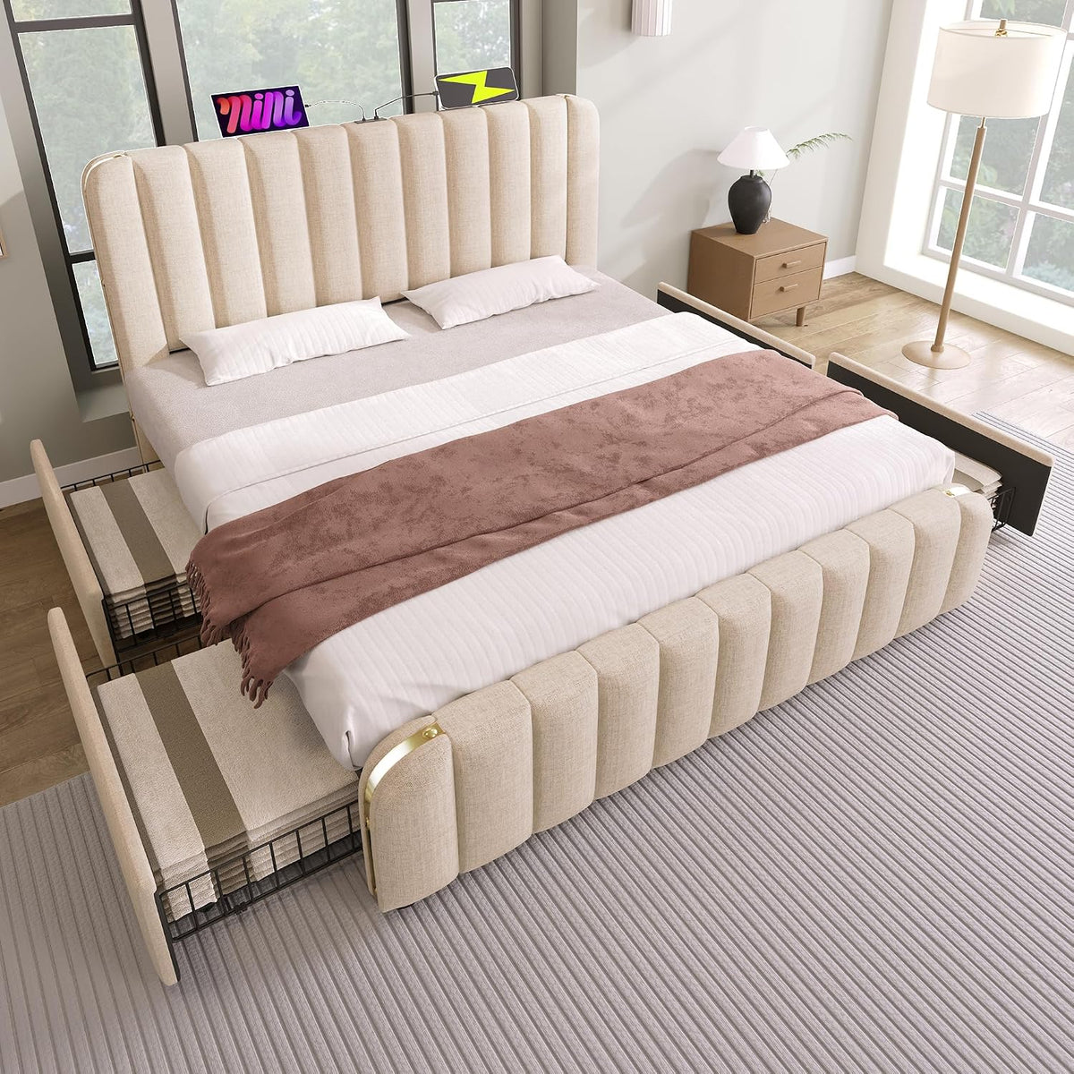 Letto MSMOK, con porta USB, imbottito, 180 × 200 cm, 4 cassetti, Beige, lino, materasso non incluso, per camera da letto