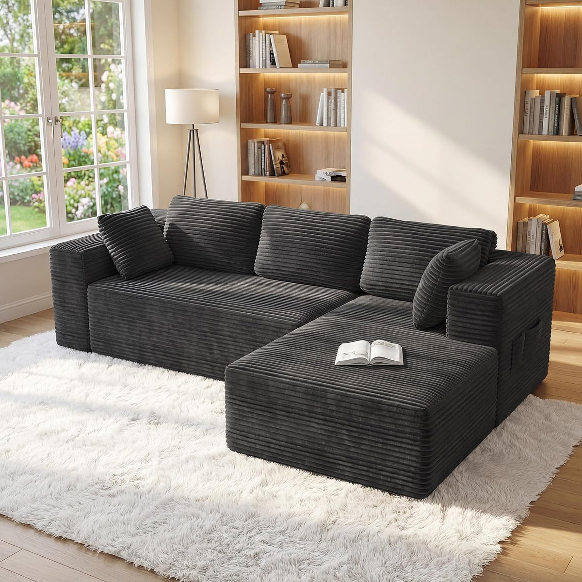 Divano angolare Xbro, 3 posti, 250 × 160 × 62 cm, velluto, per soggiorno, 4 Tasche Laterali, Senza Montaggio