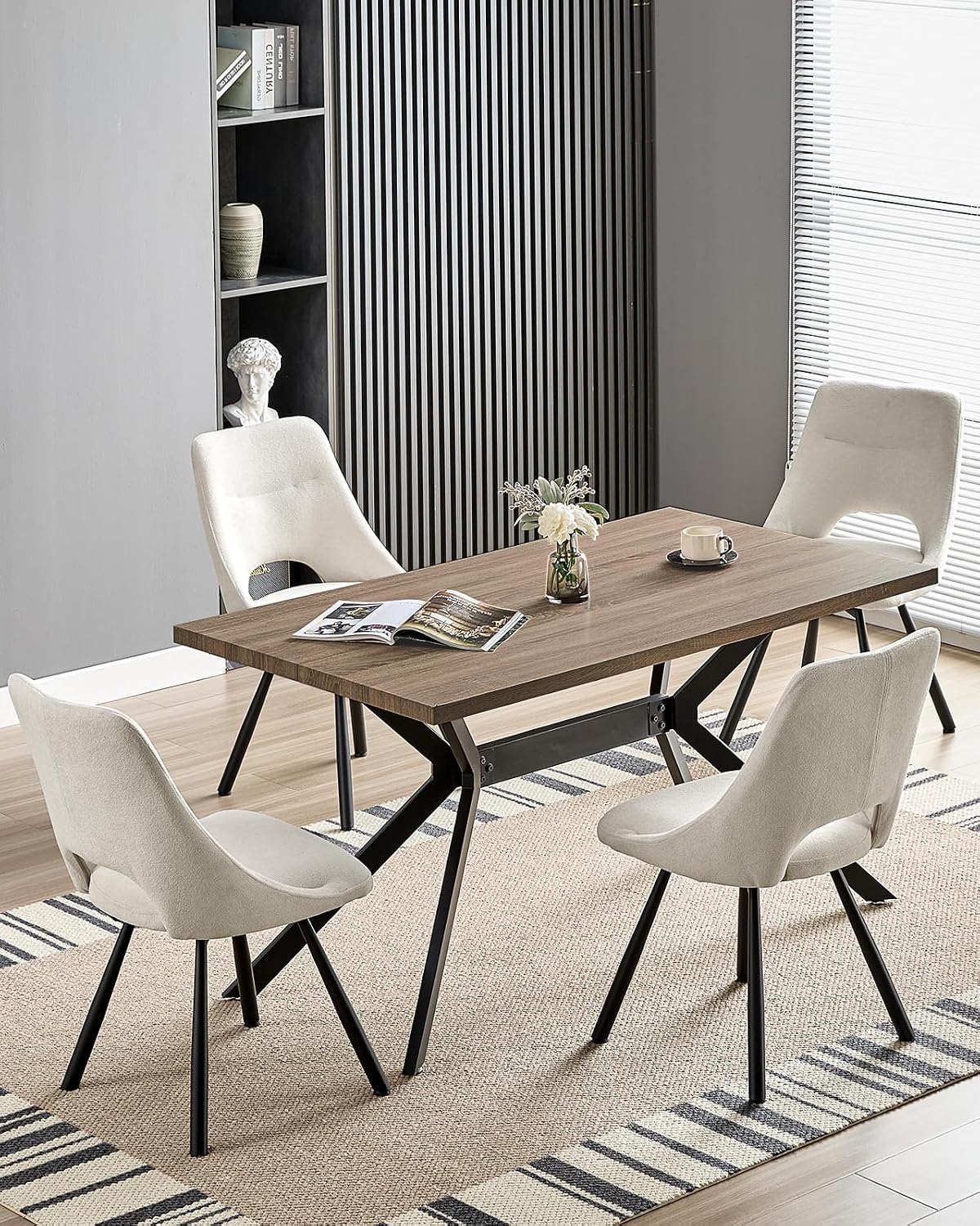 LEWE Set da pranzo, 4 sedie, 140 X 80 X 76 cm, Beige, legno, per sala da pranzo e cucina