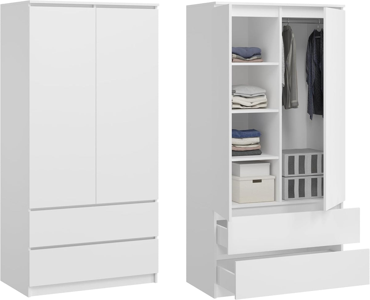 Armadio guardaroba BDW, 2 ante, 2 cassetti, 4 ripiani, Bianco, 180 × 90 × 50 cm, metallo, per camera da letto