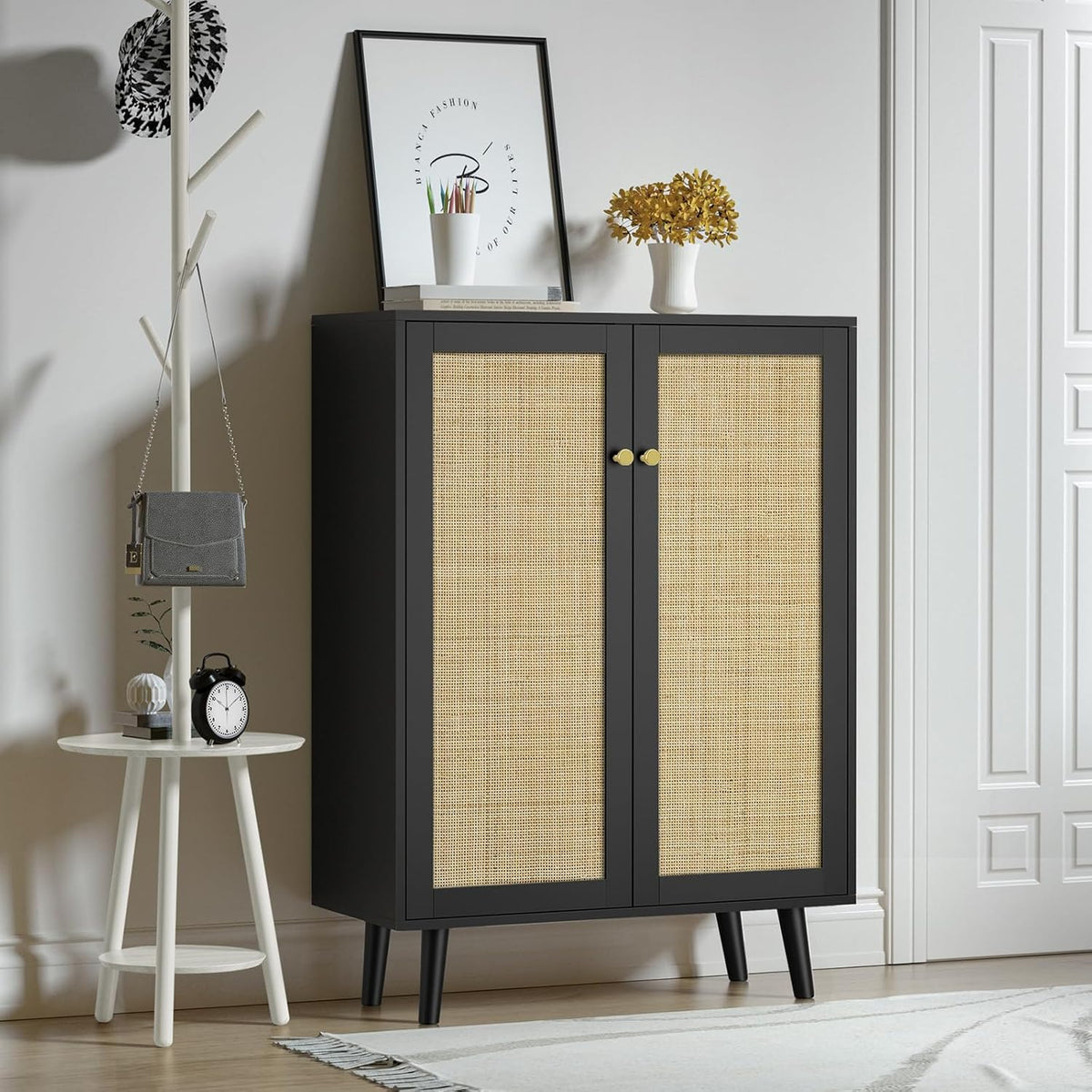 Giluta Armadietto, 2 ante, 80 × 34 × 111,8 cm, Nero, legno, rattan, regolabile