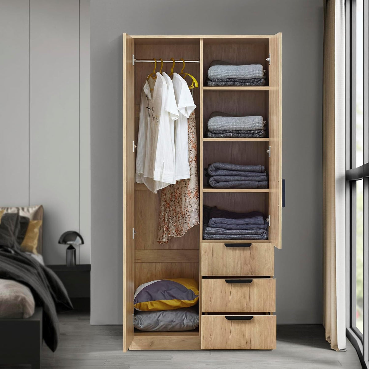 Armadio guardaroba en.casa, 176 × 80 × 52 cm, Rovere, 4 scomparti, 3 cassetti, legno, per camera da letto