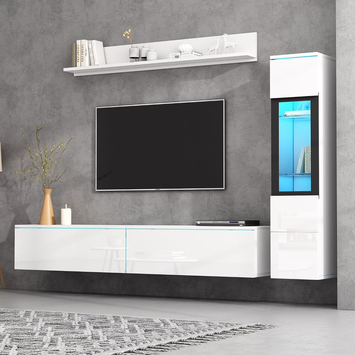 Parete attrezzata KAZZIO, 140 × 13,5 × 18 cm, 180 × 33 × 30 cm, Bianco, 3 pezzi, vetro, per camera da letto