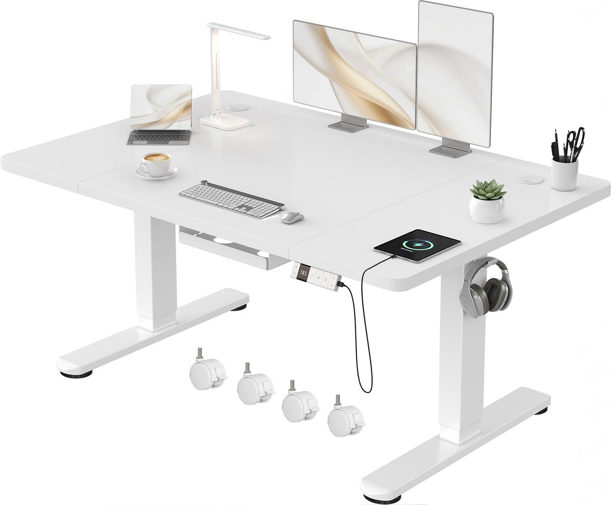 Scrivania Devoko, regolabile, con ruote, 120 × 80 cm, Bianco, acciaio, per ufficio