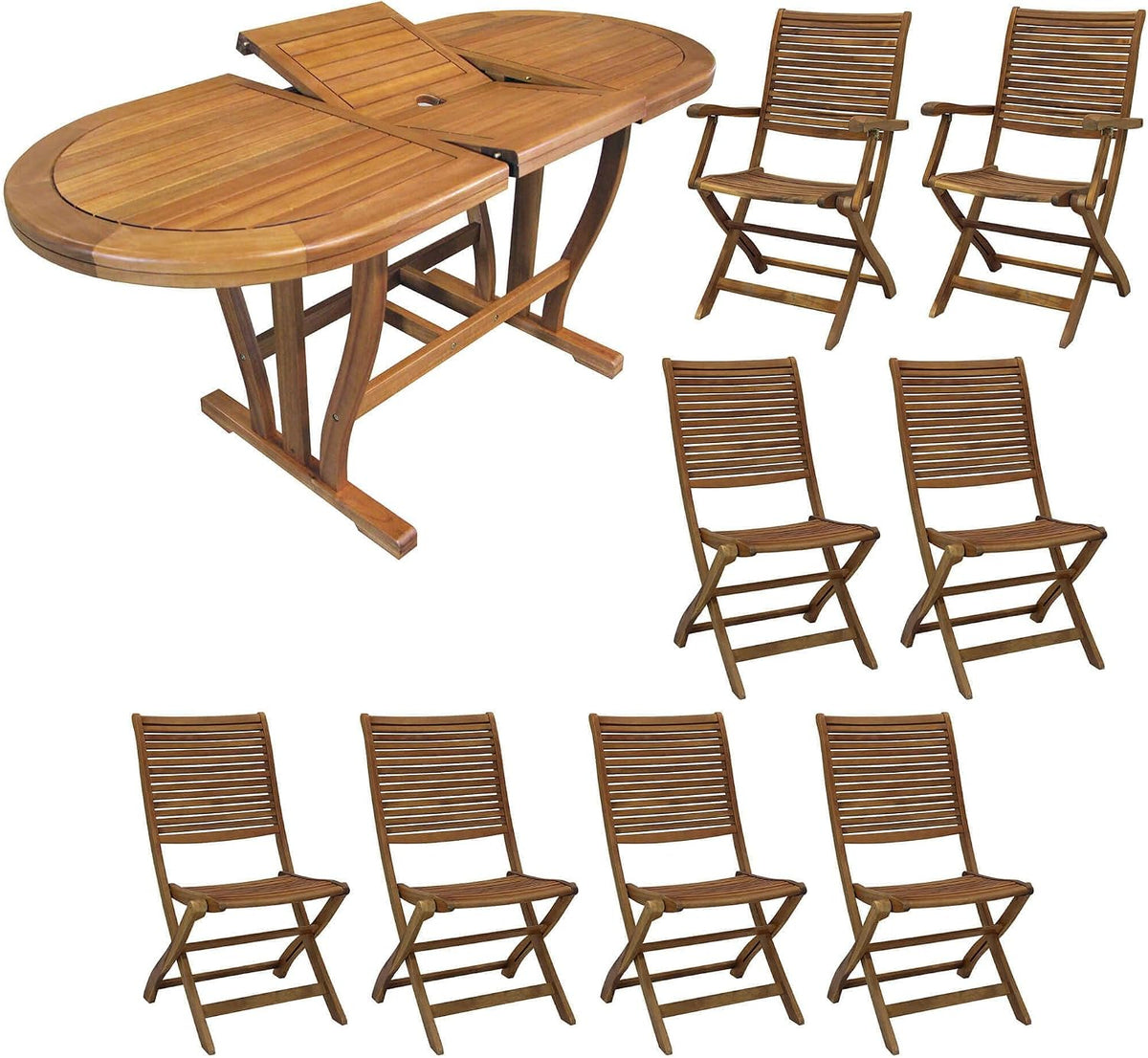 milani home Set da pranzo da giardino, 6 sedie, 2 poltrone, 55 × 64 × 94 cm, 50 × 64 × 94 cm, Marrone, legno, allungabile, per giardino e terrazzo