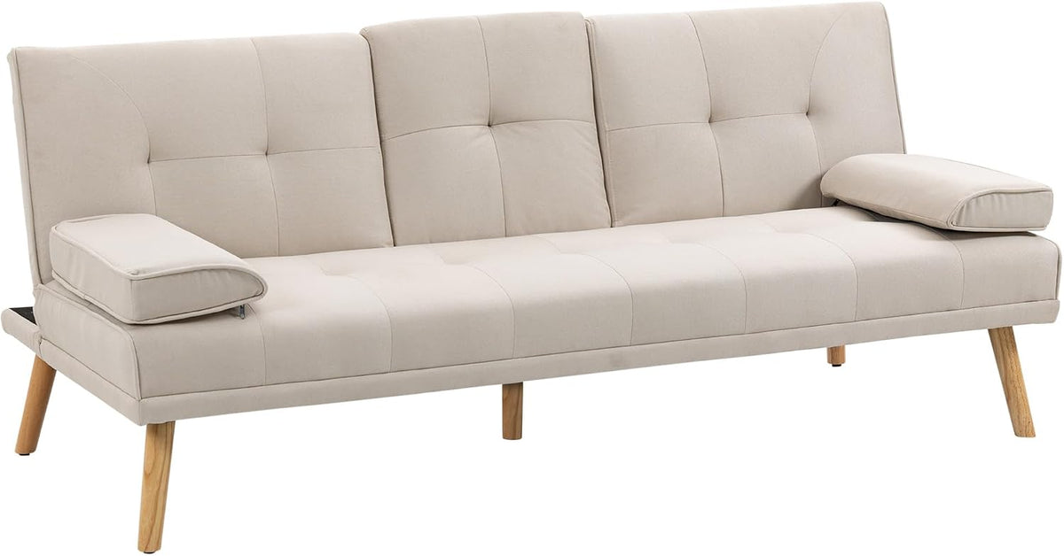 HOMCOM Divano letto, 3 posti, 181 × 77 × 78 cm, Beige, legno, tessuto, trasformabile, reclinabile, con braccioli, imbottito, per soggiorno