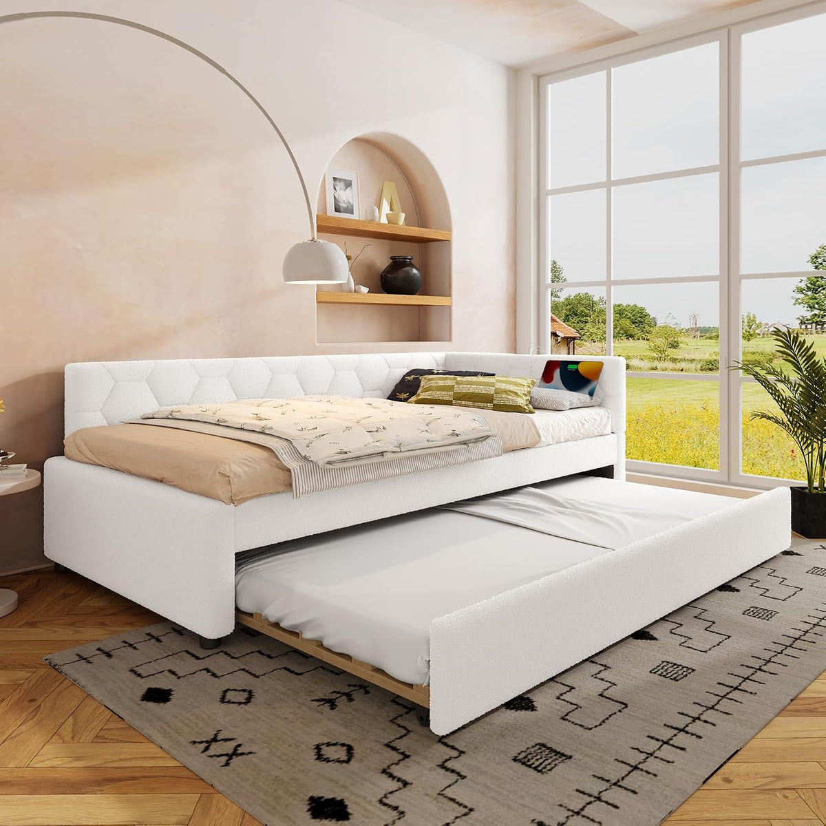 Divano letto Huayz, 90 × 200 cm, Bianco, con rete a doghe, con porta USB, imbottito, velluto, tessuto, materasso non incluso, per soggiorno