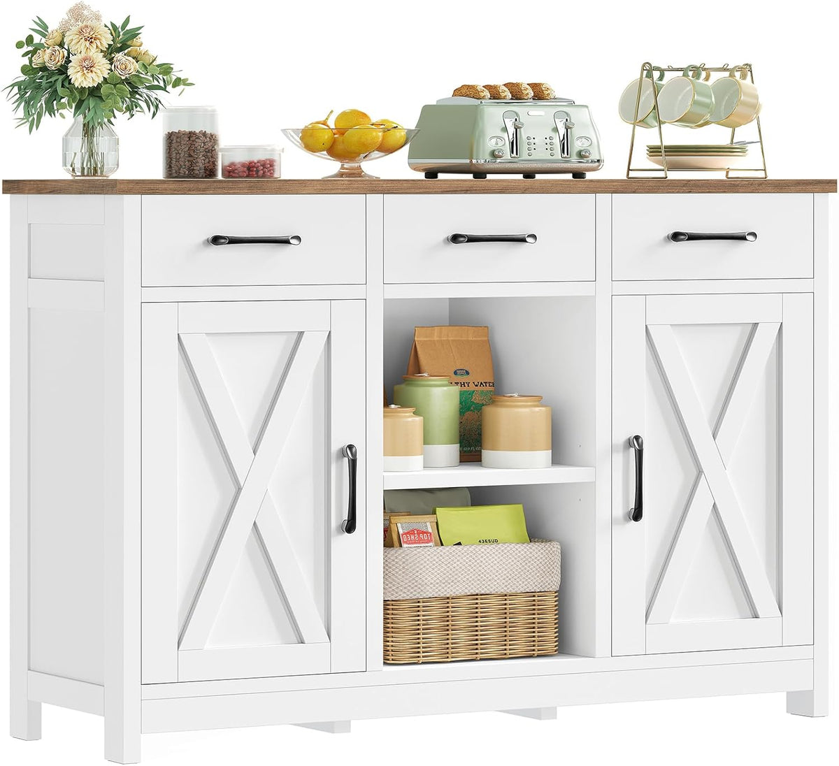 TEENFON Credenza, 3 cassetti, 2 ante, 90 × 30 × 80 cm, Bianco, regolabile, per soggiorno e sala da pranzo
