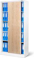 Armadio Jan Nowak, con ante scorrevoli, 185 cm, 4 ripiani, Bianco, legno, metallo, per ufficio