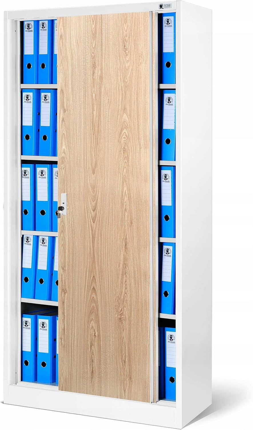 Armadio Jan Nowak, con ante scorrevoli, 185 cm, 4 ripiani, Bianco, legno, metallo, per ufficio